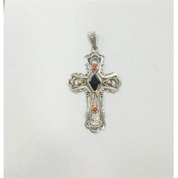 CRUZ DE PLATA Y AZABACHE CON CORAL