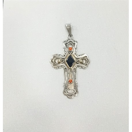 CRUZ DE PLATA Y AZABACHE CON CORAL